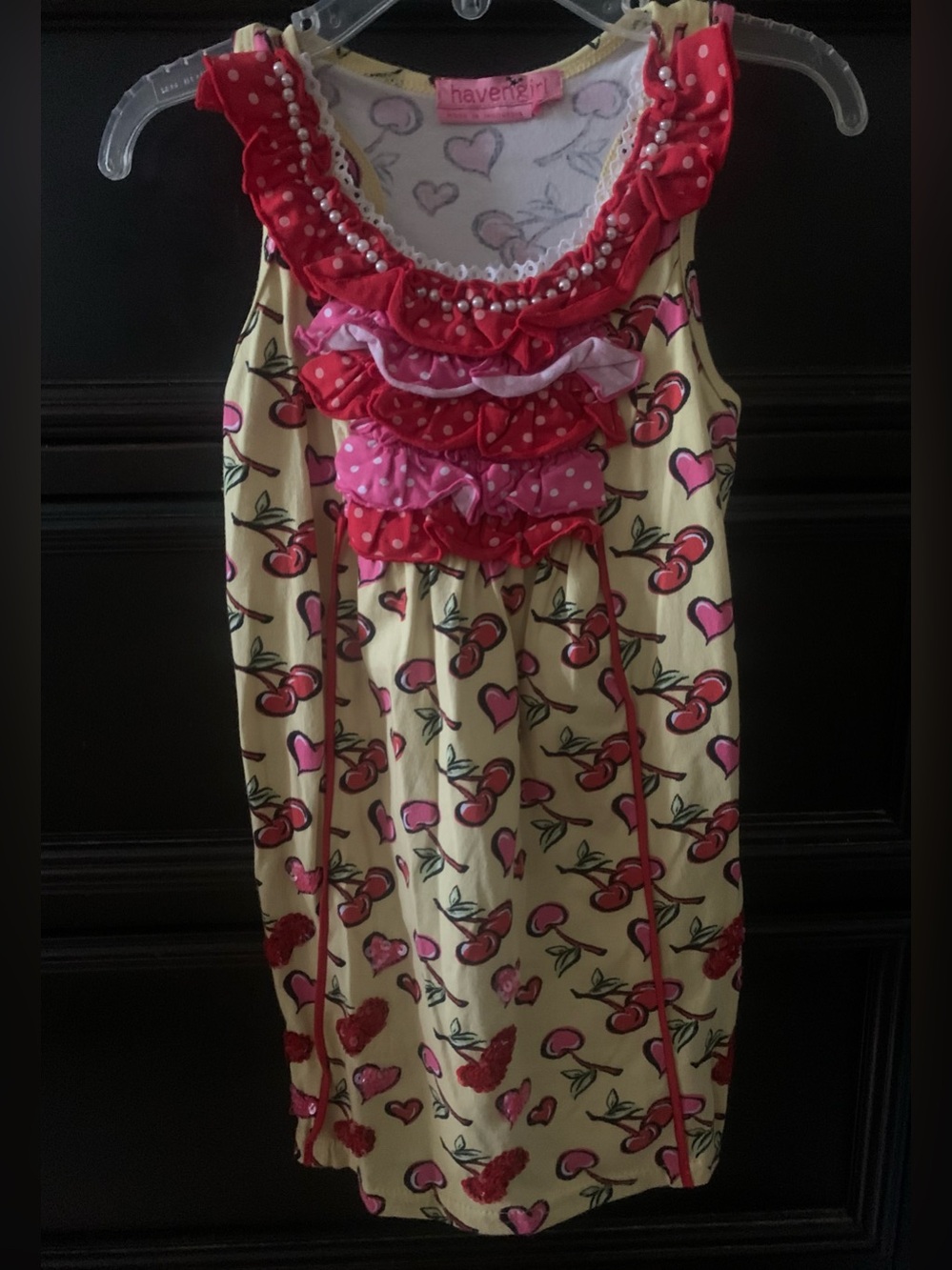 Haven Girl Yellow Cherry Print Ruffle Dress with Pink & Red Sequined Accents